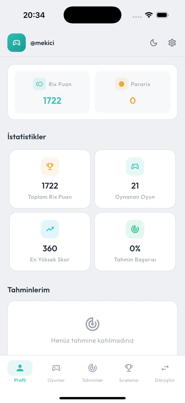 Pararix profil ve istatistik ekranı