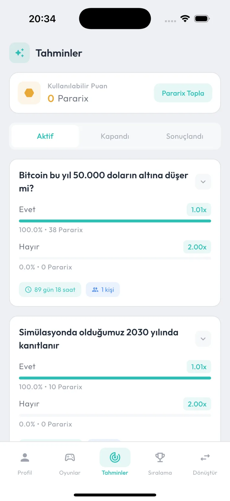 Pararix tahmin etkinlikleri ekranı